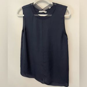 VINCE Silk Sleeveless Blouse Ribbed Trim Neckline Navy Blue Women’s Medium